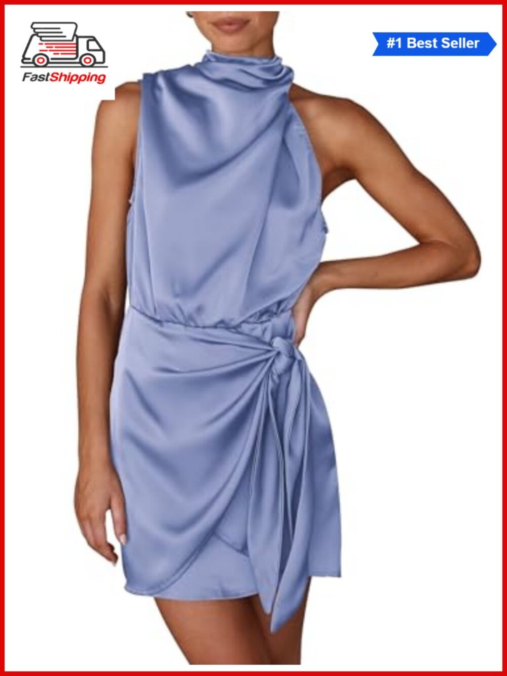 ✨PRETTYGARDEN Satin Mock Neck Sleeveless Tie Waist Bodycon Mini Cocktail Dress
